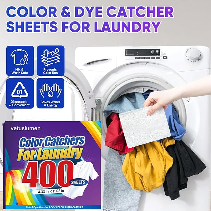 Veuslumen 400 Count Color Catchers for Laundry - Color Absorber Sheets Protect Colors & Prevent Color Bleeding