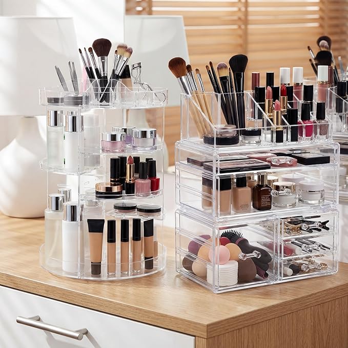Acrylic Makeup Organizer Set, 360 Rotating Makeup Organizer, Clear Drawer Vanity & Countertop Cosmetic Storage for Brushes, Jewelry, for Vanity, Bathroom, Bedroom, Closet