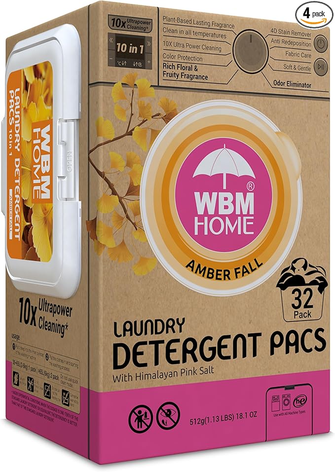 WBM Home Laundry Detergent Pods, Total 128 Count | Amber Fall Fragrance | 10 in 1 Laundry pods Detergent Ultra Power Cleaning with Plant-Based Scent, Extra Protection With 4D Stain Remover