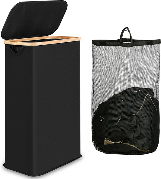 60L Slim Laundry Hamper, Narrow Laundry Basket with Lid,Foldable Clothes Hamper with Bamboo Handles,Hamper Basket with Removable Inner Bag for Laundry Room Bedroom College Dorm,Black