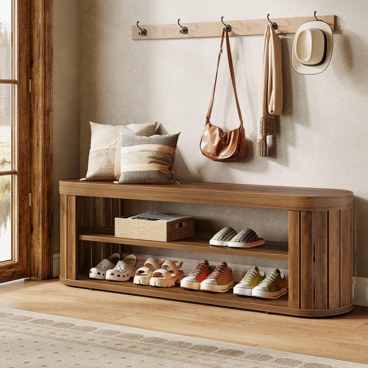 Tribesigns 47.2" Wooden Entryway Bench with 2-Tier Shoe - Image 1