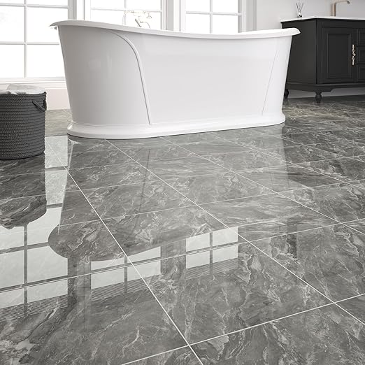 40-Pack 40 Sq.Ft Peel and Stick Floor Tiles Vinyl Glossy Pattern Flooring, 12” x 12” Self Adhesive Vinyl Flooring DIY for Kitchen, Bathroom, Laundry, Polish Dark Grey Marble