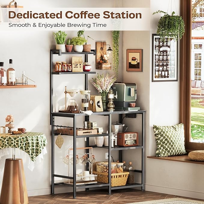Huuger 31.5 Inch Bakers Rack with Power Outlets, Kitchen Microwave Stand with Storage, Coffee Bar with 4 Hooks, 3-Level Height Open Shelves, Grey