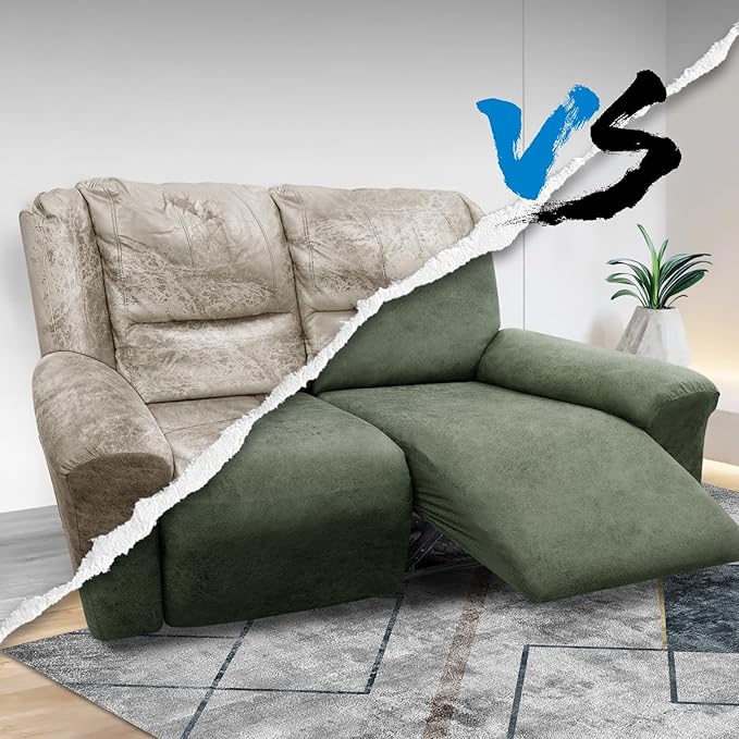 Loveseat Covers 6-Pieces Loveseat Recliner Cover 2 Seater Cover for Reclining Loveseat Cover Leather Look Recliner Slipcovers with Pocket Spandex Furniture Cover(Recliner Loveseat, Army Green)