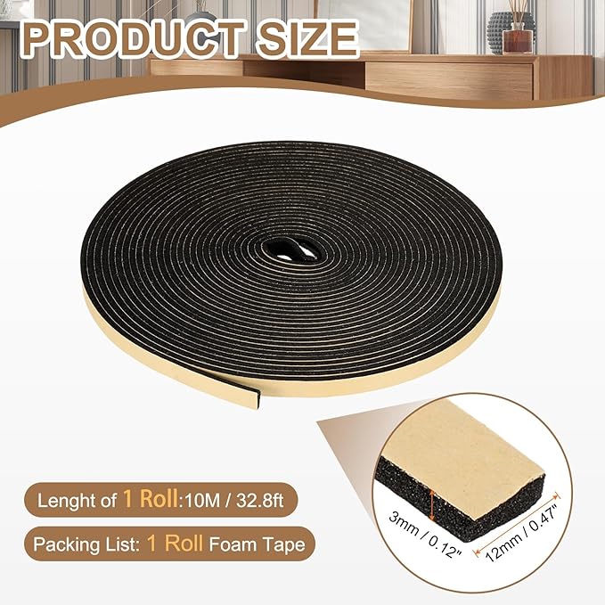 PATIKIL Foam Insulation Tape, 1/2" W x 1/8" t x 32.8FT Self Adhesive Weather Stripping Door Seal Strip for Door Window Air Conditioning, Black