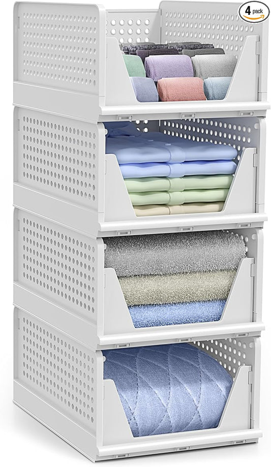 Sorbus 4 Pack Medium Shelf Organizer with Open Front Design Under Shelf for Closet Bathroom Kitchen Garage Plastic Stackable Storage Baskets