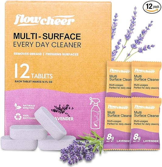 flowcheer Multi Surface Cleaner Refills -All Purpose Cleaning Tablets-Makes 192 fl oz(12 x 16 Fl oz) Bottles of Spray Cleaner for Household&Kitchen Cleaning-Lavender Scent(Not Included Bottles)