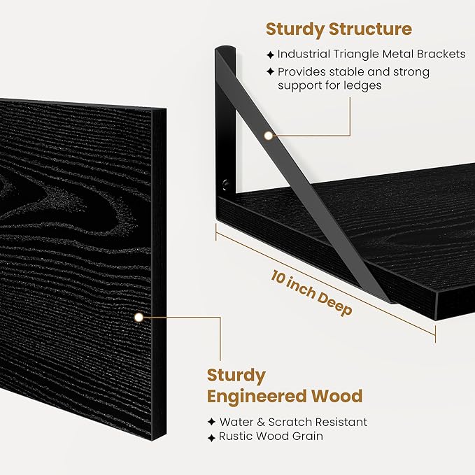 48inch Floating Shelves for Wall,10" Deep Floating Shelves with Metal Brackets,Wall Mounted Hanging Floating Shelf,Wide Display Shelves for Living Room,Bedroom,Office,Kitchen,Black