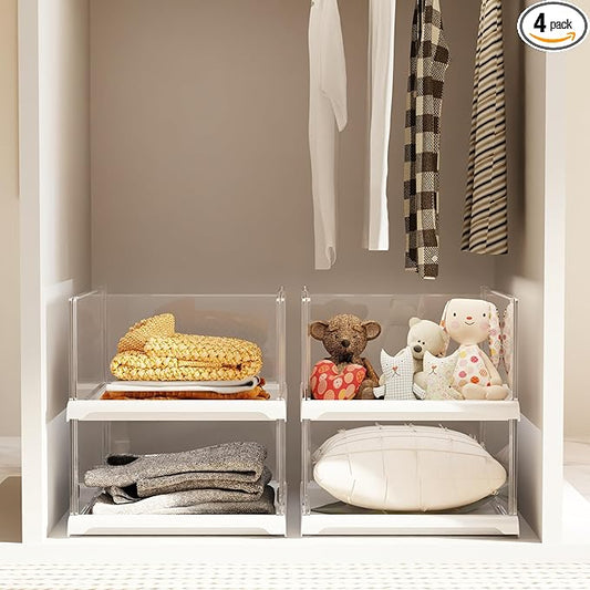 Vaela 4 Pack Stackable Closet Organizers and Storage Shelves,Transparent Multifunctional &Foldable Sweater Storage for Closet, Bathroom, Kitchen, Cupboard, Laundry Room, and Office
