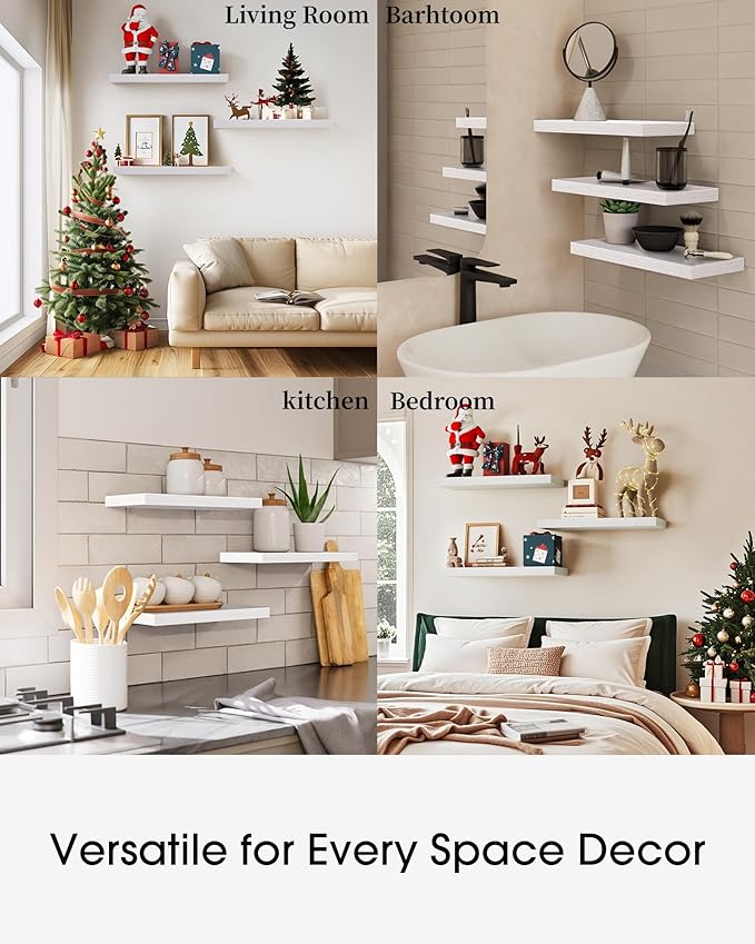 BAYKA White Floating Shelves for Wall – Rustic Wood Wall Shelves with Metal Brackets for Bathroom, Bedroom, Kitchen, or Living Room Decor Organization – Set of 3, Sturdy Storage with 22lb Capacity