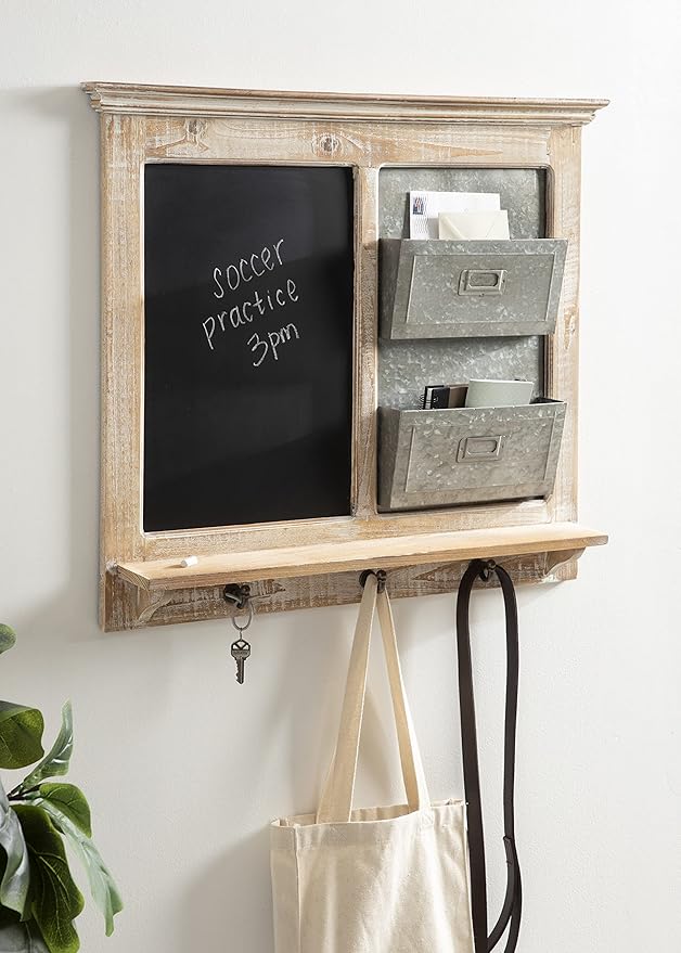 Kate and Laurel Idamae Farmhouse Wood Wall Organizer with Hooks; 28 x 25; White; Decorative Rustic Wall Organizer with Mail Holder; Chalkboard; and Three Key Holder Hooks