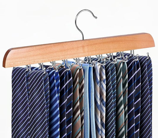 Tie Rack Hanger for Closet 20 Foldable Hooks, 1 Pack Wooden Non Slip Large Capacity Space Saving Tie and Belt Organizer with 360°Rotating Hooks for Tank Tops Bras Scarves Hat