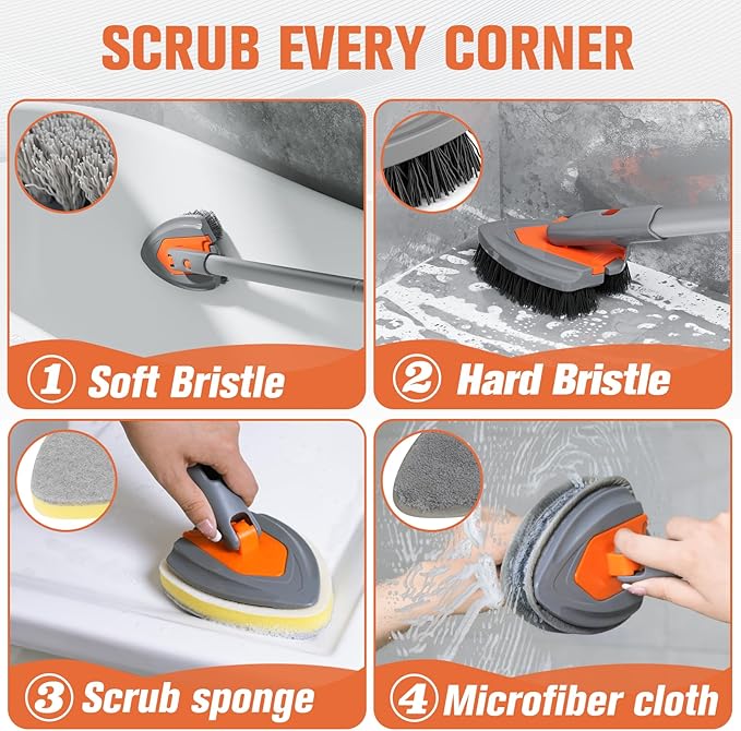 Eazer 4-in-1 Long-Handled Tub Scrubber-Versatile Bathroom Cleaning Brush with Shower Scrubber-Ideal Shower Cleaner Brush for Efficient Cleaning-Long Handle Scrub Brush for Shower, Tub, and Bathroom