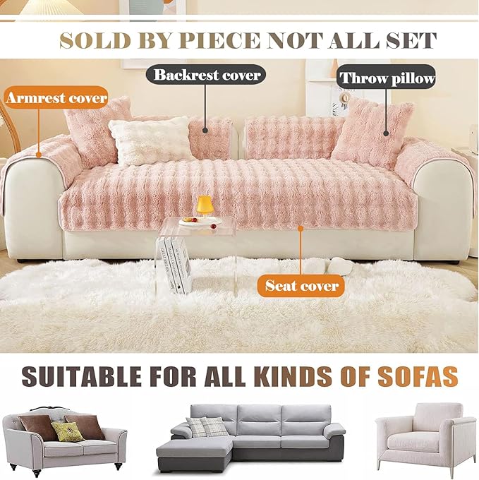 Soft Warm Faux Fur Couch Sofa Cover Thick Shaggy Fuzzy Sectional Couch Cover Non-Slip Solid Color Plush Sofa Slipcover Furniture Protector for Kids, Pets (Pink,43"x94")