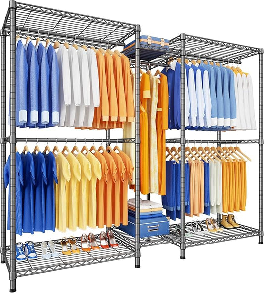 Ulif E12 Pro Clothes Rack，Heavy Duty Freestanding Garment Rack with Shelves，Metal Clothing Closet Storage System for Hanging Clothes，71" W x 16" D x 76.5" H, Hold 960 lbs，Grey