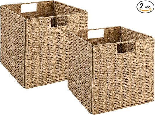 Vagusicc Wicker Storage Basket, Set of 2 Hand-Woven Wicker Basket, 11 inch Storage Baskets for Organizing and Decor, Foldable Cube Storage Organizer Bins Baskets for Shelves, Woven Basket, Natural