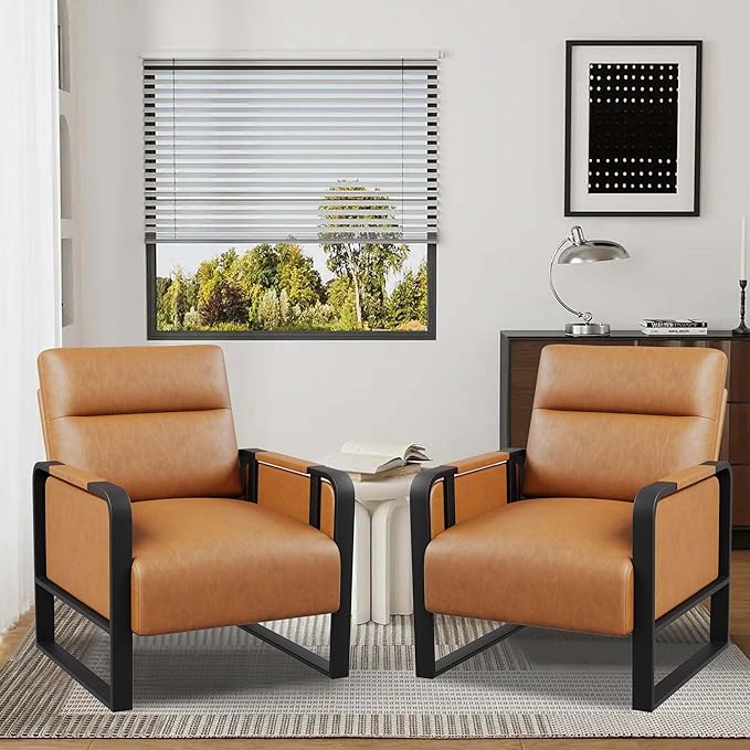 Brown PU Leather Accent Chairs Set of 2 with Side Table Modern Upholstered Armchair Leisure Side Chairs for Living Room Bedroom Office