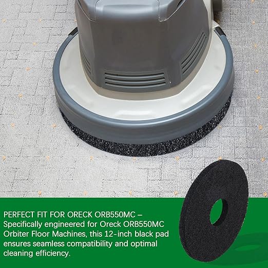 437.071 Floor Scrubber Pads, 12" Diameter Black – Commercial Floor Scrubber Pads for Oreck ORB550MC Orbiter Floor Machine (2, Black, 12 in)