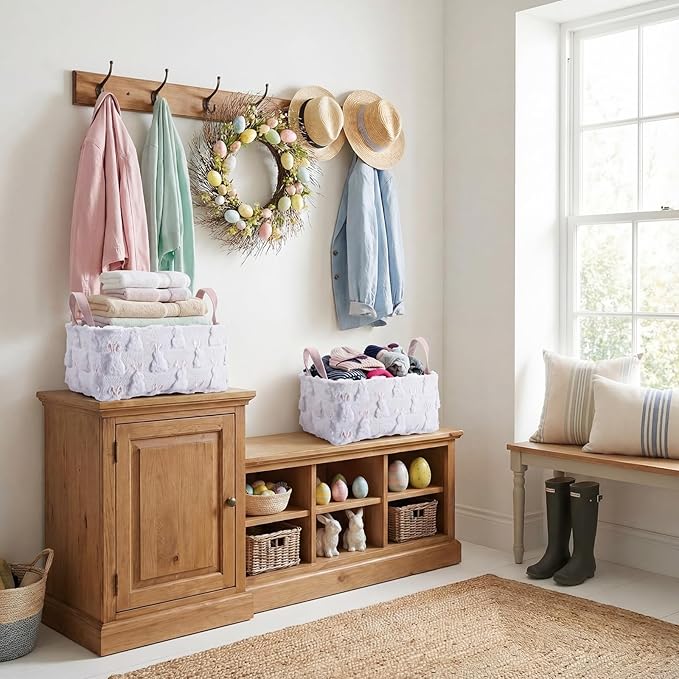 3 Pcs Storage Baskets 14x10 Inch Foldable Fabric Storage Bin with Handle Decorative Closet Bins Organizer for Home Office Laundry Countertop Tabletop Car(Bunny)