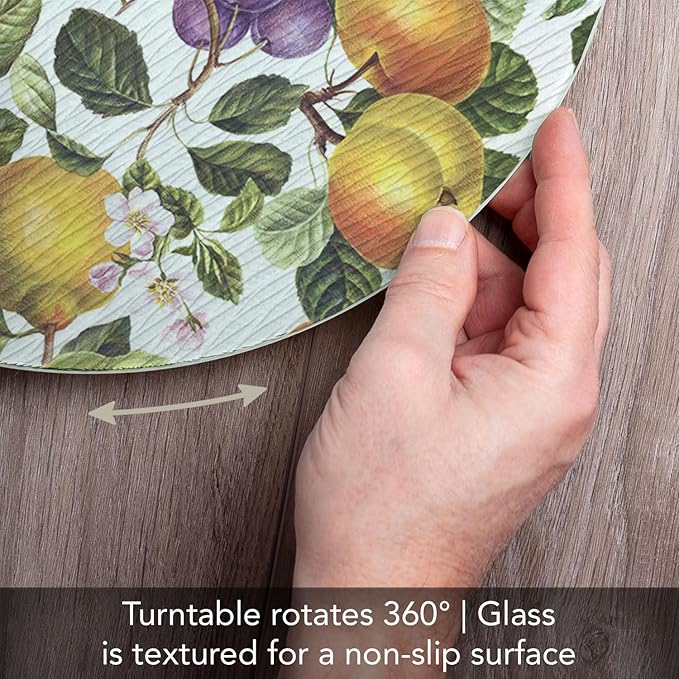 CounterArt Fruit Blossoms 4mm Tempered Glass Lazy Susan Turntable 13" Round Condiment Caddy Cake Plate Pizza Stand