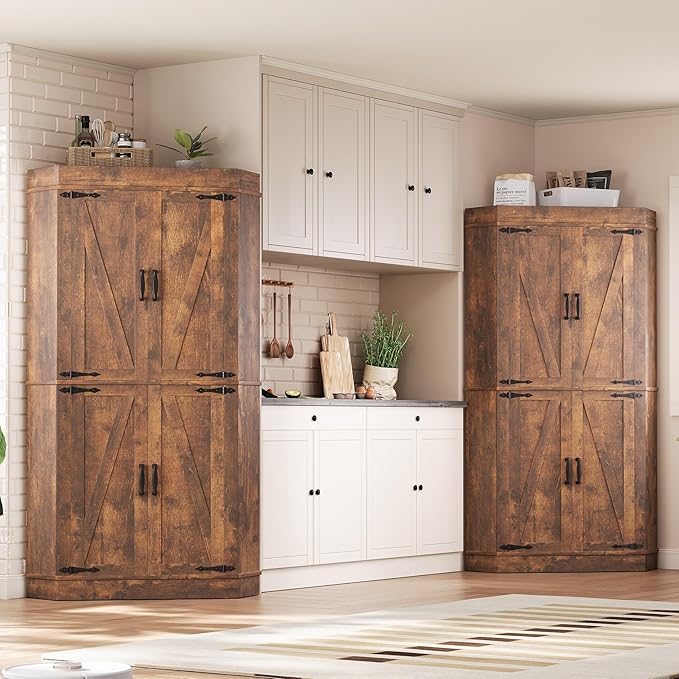 Corner Kitchen Pantry Storage Cabinet with Doors, Kitchen Hutch, 71'' Tall Food Storage Cabinet Furniture for Living Room, Dining Room (Brown)