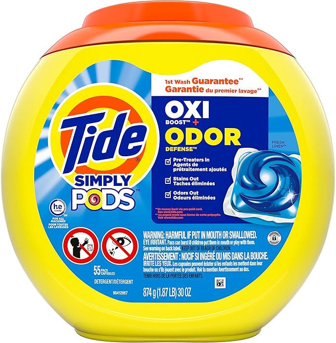Tide Simply Pods Odor Rescue Liquid Laundry Detergent Pacs, 3 in 1 Powerful Detergent, Fresh Scent, 55 Count