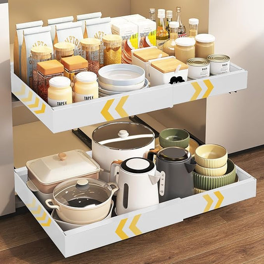 FILTA 2Pack Expandable Pull-Out Cabinet Organizer 21" Deep Slide Out Drawers, Upgrade 3 Slide Rails, Adjustable Width 12.4”-20.4”, With Screws and Nano Film Adhesive, White