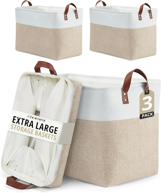 DECOMOMO Extra Large Storage Baskets, Fabric Storage Bins with Handles for Organizing Shelves, Toys, Nursery, Laundry (Beige & White, 3pcs)