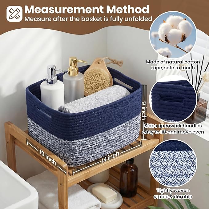 Storage Baskets for Organizing, 14 x 10 x 9” Closet Shelf Woven Baskets, Square Bins with Handles, Cotton Rope Basket for Toys, Clothes, Office, Room, Grey+Blue 3 Pack