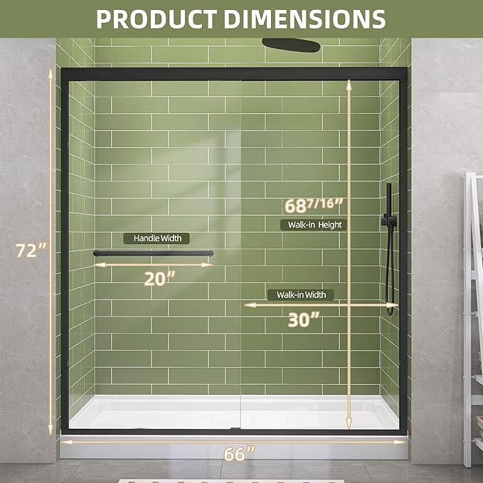 GETPRO Shower Door Double Sliding 62-66 in. W x 72 in. H Semi-Frameless Bypasss Bathroom Glass Shower Sliding Doors 1/4 inch Clear Tempered Glass Door for Walk-in Shower Matte Black