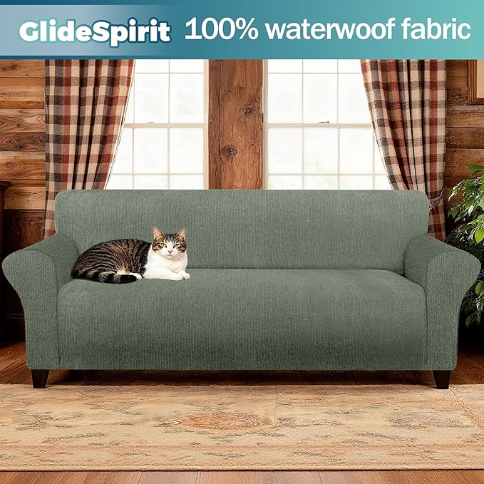 Waterproof Stretch Spandex Loveseat Couch Cover - Non-Slip Soft Sofa Slipcover with Elastic Bottom, Washable Leakproof Furniture Protector for Kids, Pets, Dogs & Cats (Loveseat, Green)