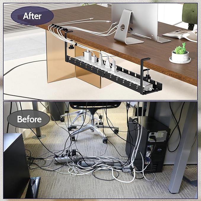 Shikha 2 Pack Cable Management Under Desk, 15.7"-31" Retractable Cable Management Tray, No Drilling Cord Organizer with Clamp for Desk, Under Table Wire Management Tray for Home Office