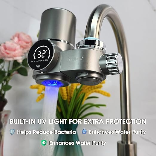 Combo Eurolife Faucet Mount Water Filter EL-LS-A13, LED Sink Water Filter with UV Light and Real Time Filter Life Indicator, Carbon Filter 8 Level fine Filtration, Extra More 2 Carbon Filter Included