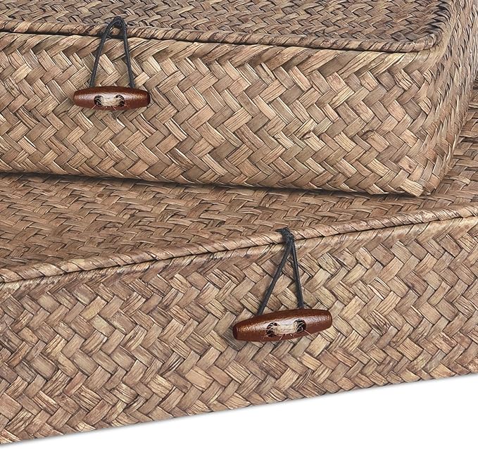 Set of 2 Flat Seagrass Storage Bins with Lid Wicker Storage Baskets for Organizing, Woven Shelf Organizer Bins Home Utility Organizer Box for Home & Office Supplies(Coffee)