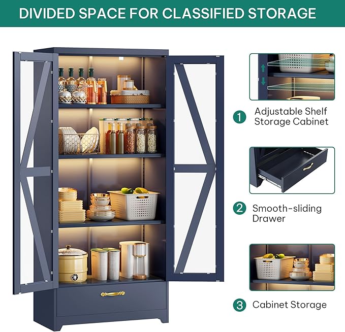 YITAHOME Kitchen Pantry Cabinet with Lights, 61" Metal Storage Cabinets with Adjustable Shelves, Organizer Cabinet with Barn Doors, Freestanding Cupboard with Drawer for Dining Living Room, Navy Blue
