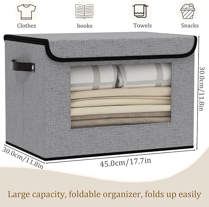 Storage Basket with Lid, Decorative Linen Storage Box, 17.7 X 11.8 X 11.8 Inch Closet Organizer for Shelves with Handles, Gray, 1-Pack