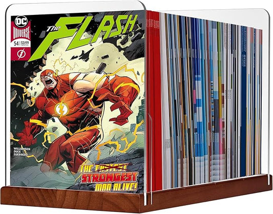 Comic Book Storage Holder，Wood Comic Book Case with three acrylic dividers，Acrylic Comics Book Box，Bin & Organizer，Stores Up To 150 Comics (Brown)