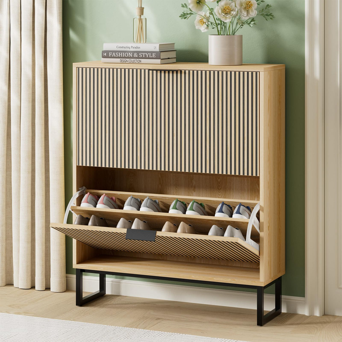 Shoe Cabinet Storage with 2 Flip Drawers and Metal Legs, Natural - Image 1