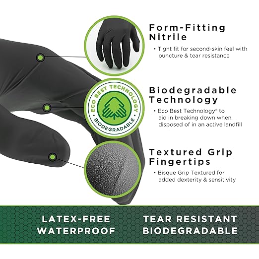 SHOWA 6112PF Sustainable EBT Latex-Free, Powder-Free, Nitrile Disposable Single Use Safety Gloves, 4 Mil, 9.5" Length, Black, Large, (1 Box/100 Gloves)