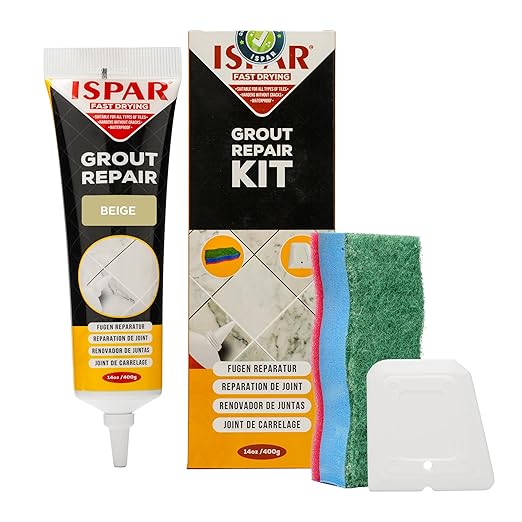 Tile Grout Repair Kit – Beige Grout Filler 14oz Pre-Mixed Tube, Fast Drying Grout Sealer for Bathroom, Shower, Kitchen, Floor Tiles – Includes Spatula & Sponge