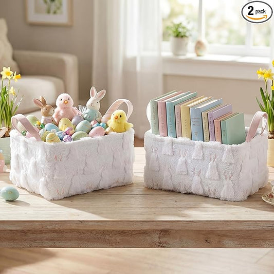 3 Pcs Storage Baskets 14x10 Inch Foldable Fabric Storage Bin with Handle Decorative Closet Bins Organizer for Home Office Laundry Countertop Tabletop Car(Bunny)