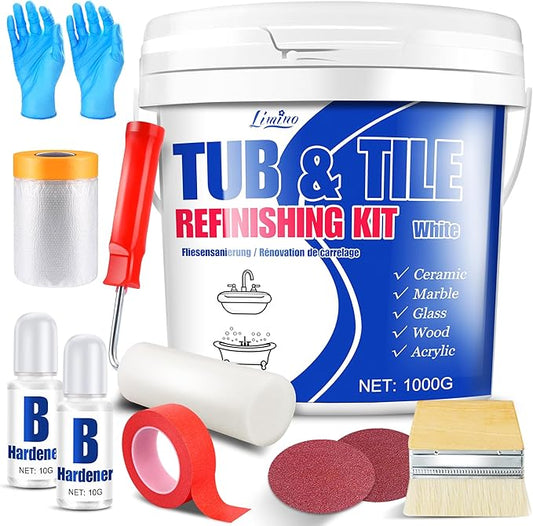 Tub and Tile Refinishing Kit - 35oz Semi-Gloss White Tile Paint with Tools for Bathtub Sink Countertop for Bathroom Kitchen, Bathtub Paint for Ceramic, Porcelain Fiberglass, Low Odor, 50-60 sq.ft