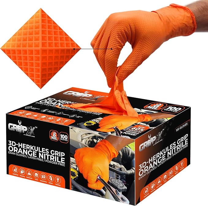 Herkules Grip Heavy Duty 8Mil Orange Nitrile Gloves,3D Raised Diamond Texture-Latex & Powder Free-Industrial, Mechanic (1, XX-Large)