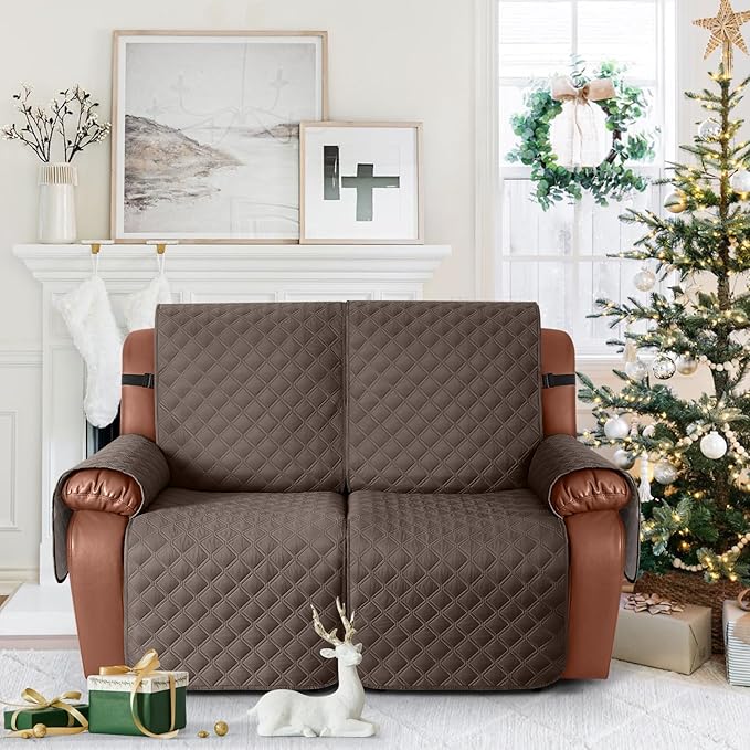 Ruaozz Waterproof Recliner Sofa Covers, 1-Piece Couch Covers for Reclining Couches Reclining Couch Cover Washable Furniture Protector with Elastic Straps Pocket for Kids Pets (Brown, 2 Seater)