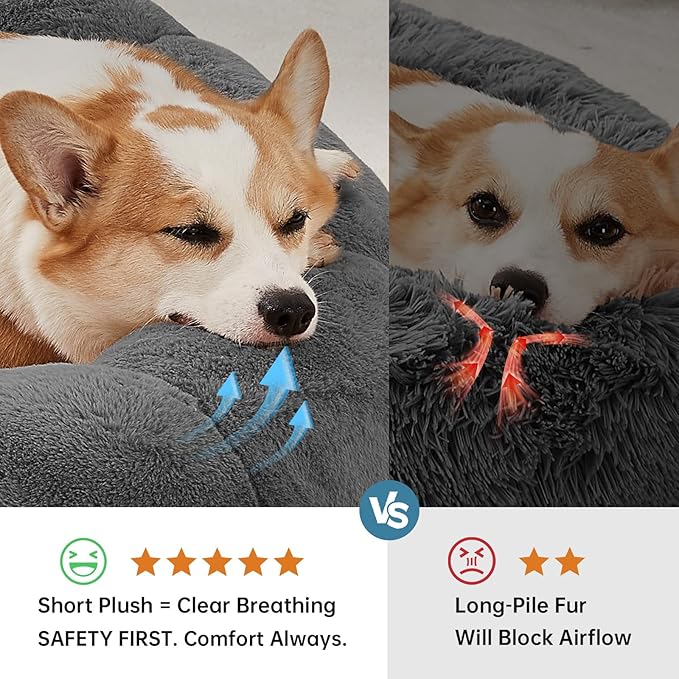 OhGeni 31 inches Calming Donut Orthopedic Dog & Cat Bed for Medium Pets, Warming Comfort Fluffy Short Pile Fur, Durable Waterproof Machine Washable Removable Cover, Round Bed for Puppy, Dark Gray