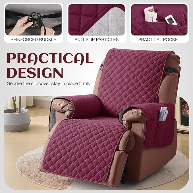 KinCam 100% Waterproof Recliner Chair Cover, Reclining Couch Covers for Pets, Dogs, Recliner Couch Slipcover Furniture Protector with Elastic Straps for Kids(23.6", Burgundy)