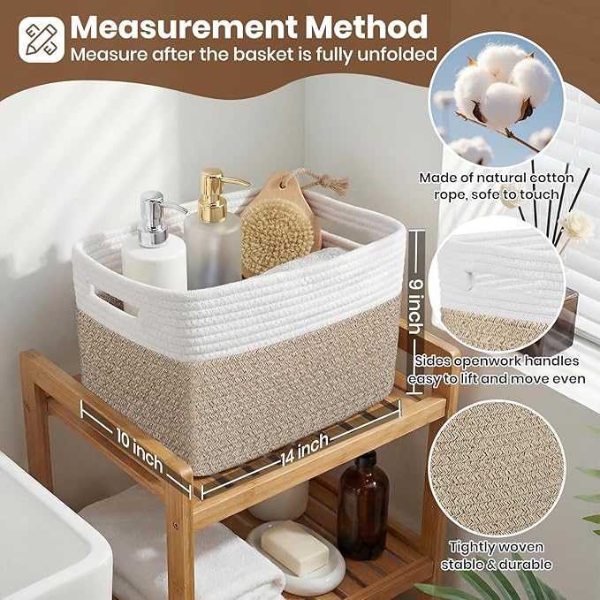 Storage Baskets for Organizing, 14 x 10 x 9” Closet Shelf Woven Baskets, Square Bins with Handles, Cotton Rope Basket for Toys, Clothes, Office, Room, White+Rice Brown 1 Pack