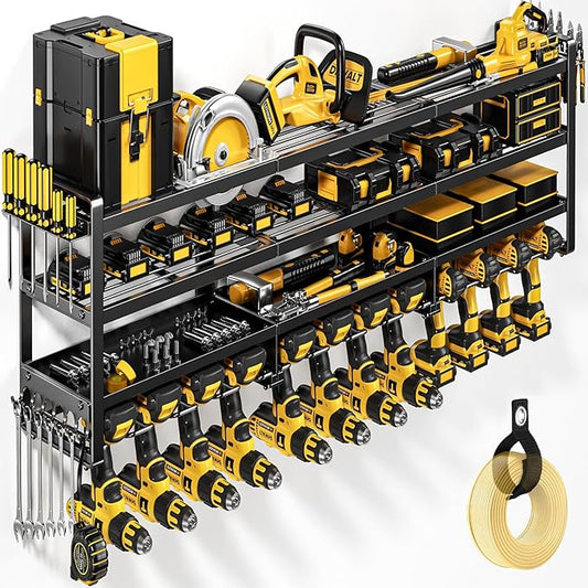 49" W Large Power Tool Organizer Wall Mount, 4 Layer Heavy Duty Loads 800 lbs, Tool Rack Holds 12 Cordless Drills, Large Capacity Battery Holder for Garage Storage, Christmas Gift for Men