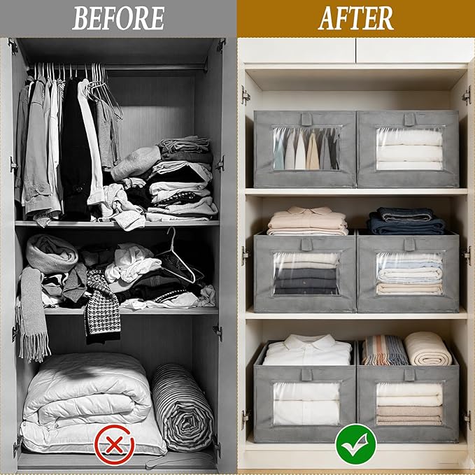6 Pieces Oxford Cloth Storage Bins with Clear Window, Shelf Basket Closet Clothes Organizer Storage Containers for Organizing Shelves Wardrobe Office Clothing Books