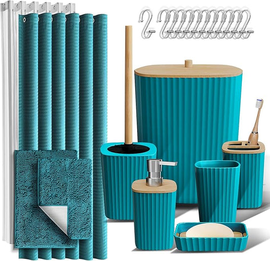 Clara Clark Bathroom Accessories Set - Bathroom Set, Bathroom Sets with Shower Curtain and Rugs, Shower Curtain Set with Bathroom Trash Can - Teal - 22PC